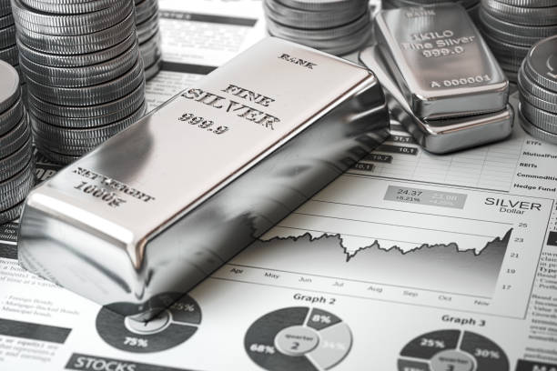 Silver bar, ingots and coins on financial  report. Growth of silver on stock market concept. Silver bar, ingots and coins on financial  report. Growth of silver on stock market concept. 3d illustration gold bar stock pictures, royalty-free photos & images