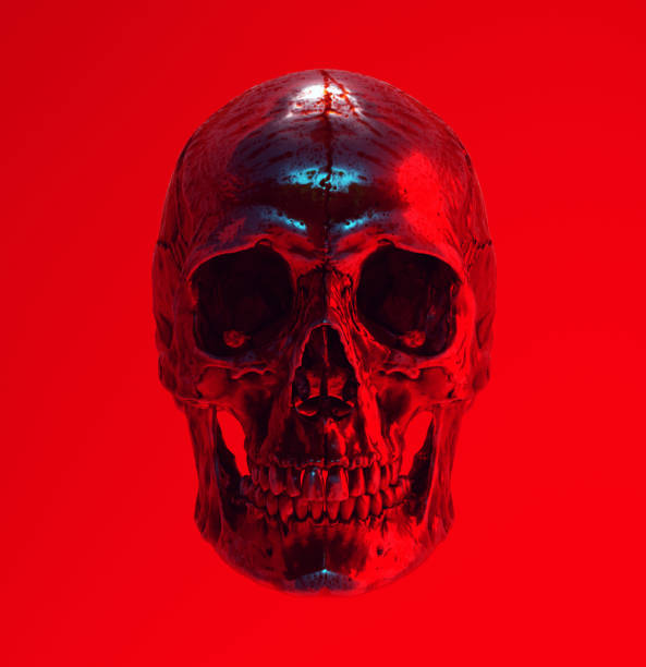 Silver Blood Red Skull Cyber Punk Halloween Horror Head Blue with Jaw Bone Silver Blood Red Skull Cyber Punk Halloween Horror Head Blue with Jaw Bone 3d illustration render silver teeth stock pictures, royalty-free photos & images