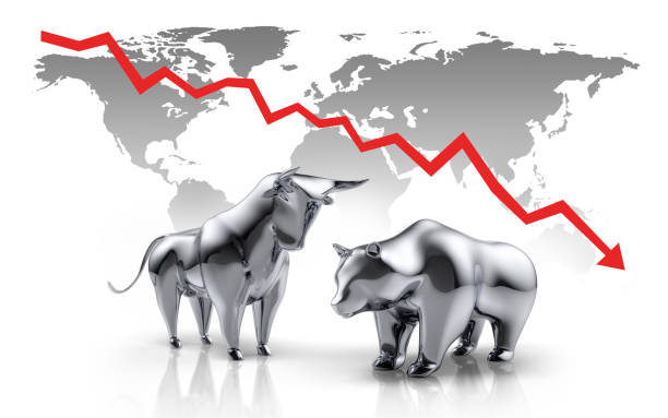Silver Bull and Bear Silver Bull and Bear with Earth Map and descending Arrow Chart Dow Futures  stock pictures, royalty-free photos & images