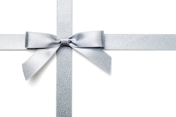 Silver Gift Bow and Ribbon Isolated with Clipping Path stock photo