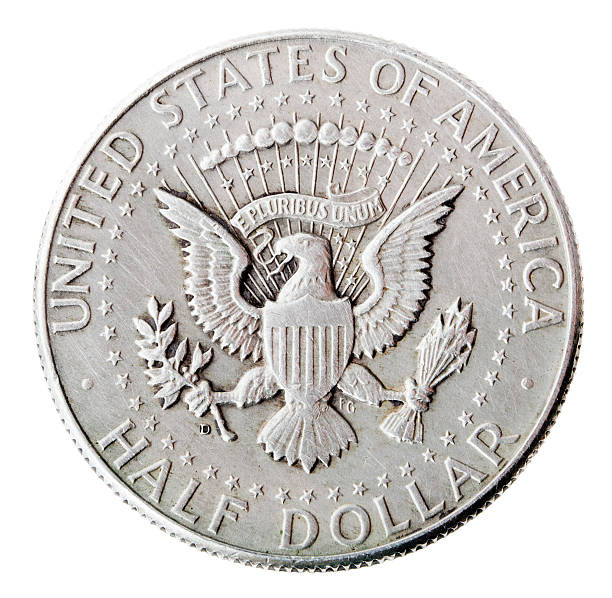 Silver Kennedy Half Dollar - Tails Frontal Frontal view of the reverse(tails) side of a silver half Dollar minted in 1964. Depicted is the US presidential seal. 1964 stock pictures, royalty-free photos & images