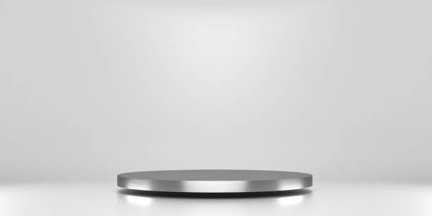 Silver pedestal of platform display with luxury stand podium on white room background. Blank Exhibition or empty product shelf. 3D rendering.  base sports equipment stock pictures, royalty-free photos & images