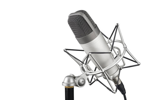 zilveren studiocondensatormicrofoon die op witte achtergrond wordt geïsoleerd - microphone stockfoto's en -beelden