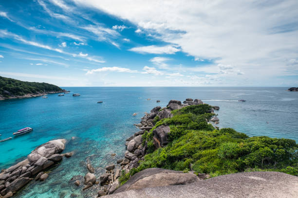 Similan islands from viewpoint in andaman tropical sea and blue sky in summer day stock photo