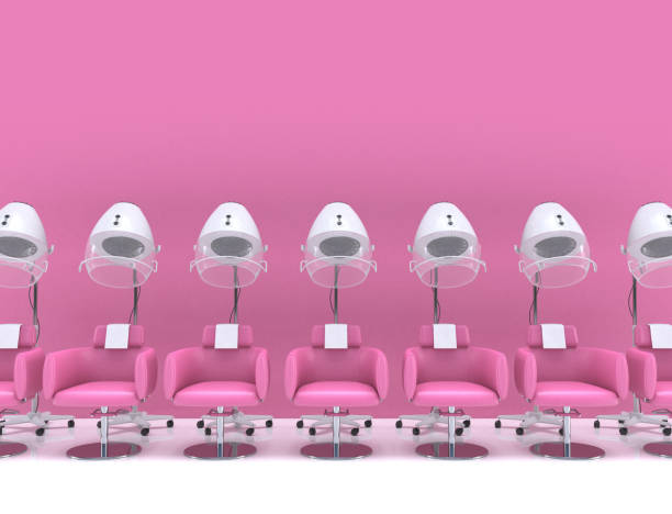 Similar stand hair dryers with armchairs in the interior of a beauty salon in pastel pink colors. Female hairdresser interior design. 3D rendering illustration with copy space. Similar stand hair dryers with armchairs in the interior of a beauty salon in pastel pink colors. Female hairdresser interior design. 3D rendering illustration with copy space vintage beauty salon stock pictures, royalty-free photos & images