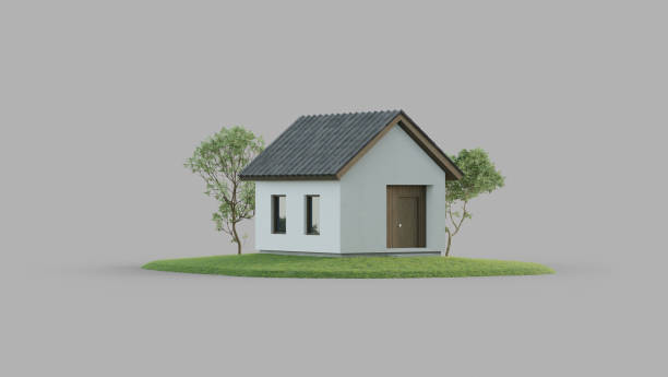 Simple house on white floor with empty wall background in real estate sale or property investment concept. stock photo