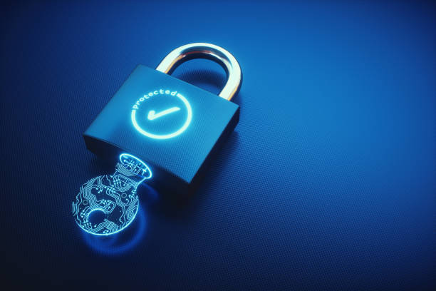 Simple key and padlock with OK Symbol on an empty surface Close up on a padlock lying on a blue carbon fibre surface. The padlock is locked, with a digital key inserted and displays a glowing OK symbol.

 lock stock pictures, royalty-free photos & images
