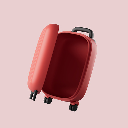 Simple open red suitcase for travel 3d render illustration. Isolated object on background