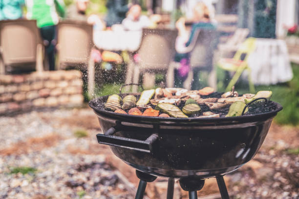 Simple round charcoal barbecue gril closeup. stock photo
