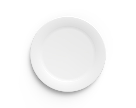 An empty white circular plate on a white background