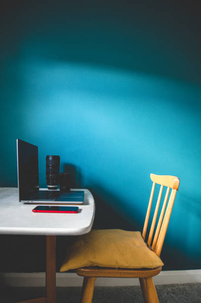 Simple working from home desk stock photo