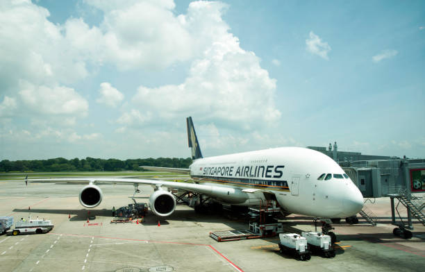 Singapore Airlines A380 loading ath the airport stock photo