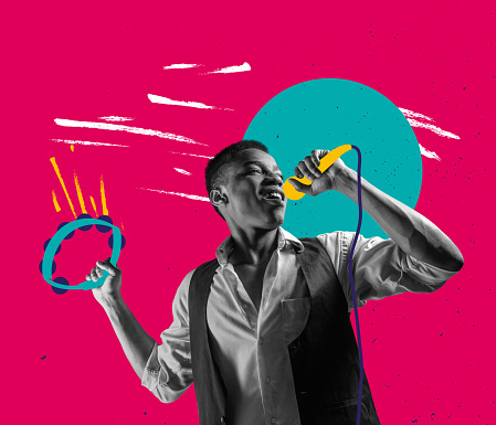 Singer with drawn microphone on bright colorful background. Contemporary art collage, modern design. Male model with brith drawings. Concept of music, art, creativity, inspiration