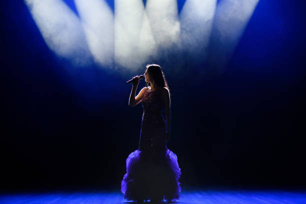 Singing woman silhouette with smoke background on the stage. stock photo