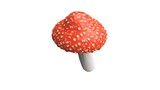 A 3D render of an amanita mushroom view from top-down. Complete knockout white.