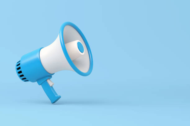 Single blue and white electric megaphone with a handle stands on a blue background 3d illustration megaphone stock pictures, royalty-free photos & images