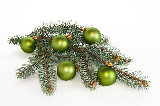 Single branch of evergreen decorated with green ornaments stock photo