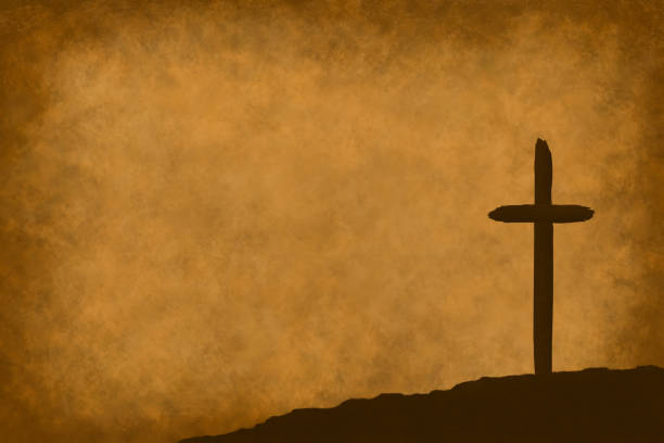 Single Cross Of Calvary On Antique Parchment Paper Background  good friday stock pictures, royalty-free photos & images