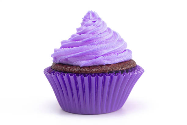 Single Purple Iced Chocolate Cupcake Isolated on a White Background stock photo
