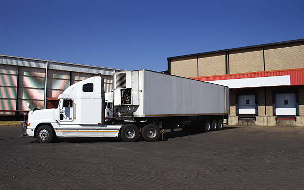 Single semi truck at frozen goods warehouse stock photo