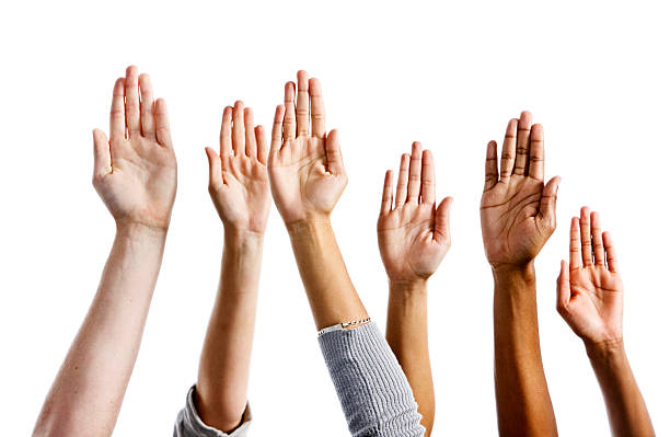 Six mixed hands raised against white background Hands up! Six raised hands answering, responding or volunteering. Isolated on white. palm of hand stock pictures, royalty-free photos & images