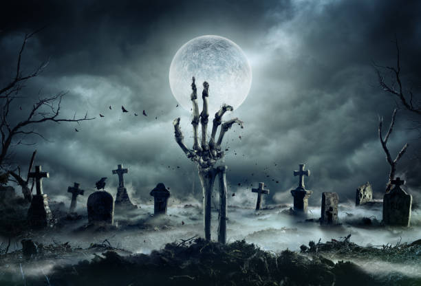 skelett zombie hand steigt aus einem friedhof - halloween - menschliches skelett stock-fotos und bilder