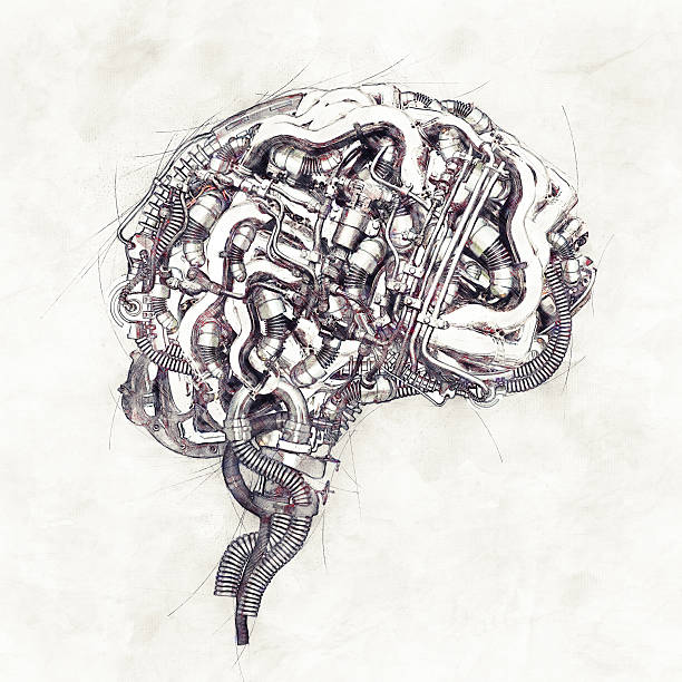 Sketch mechanical Brain, 3D Illustration stock photo
