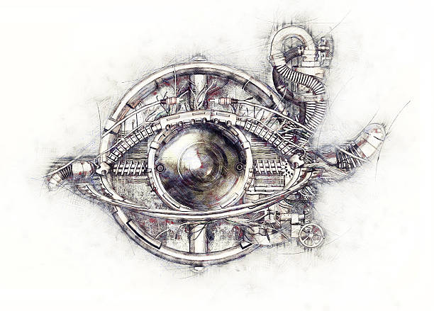 Sketch of a technical-mechanical eye, 3D Illustration stock photo