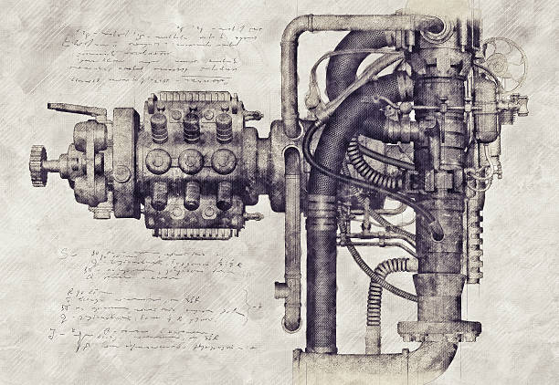 Sketch of an old machine, 3D Illustration stock photo
