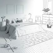3d illustration. Sketch of the bedroom with tray on the bed goes into white computer stuff