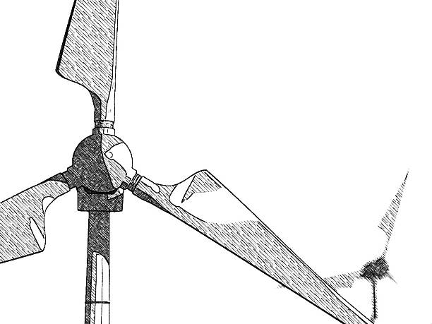 sketched wind farm (made with ToonCamera/CodeOrgana) "Sketched illustration of wind turbines on a white background, referring to concepts such as ecology, green power, innovation and sustainable development (picture generated with the help of ToonCamera)" vertical axis wind turbine stock pictures, royalty-free photos & images