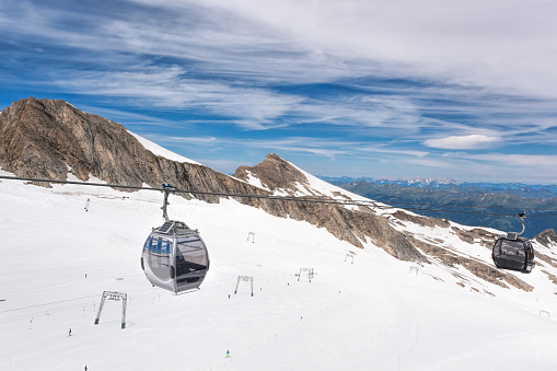 Ski lifts, cableway and slopes in high mountains. Kaprun glacier-Zell am see area, Austria.