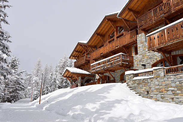 ski resort hotel in the snow - rosières stockfoto's en -beelden