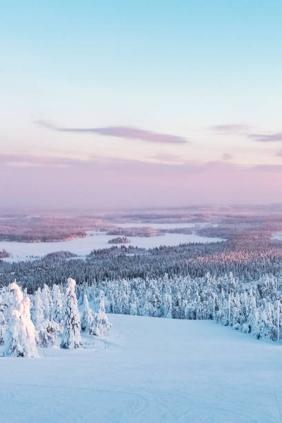 горнолыжный склон. красивый вид с горы рука. зимний пейзаж лапландии. - finland стоковые фото и изображения