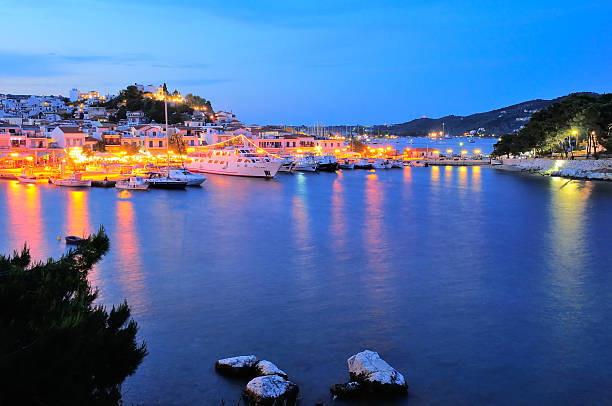 Skiathos town at night, Skiathos island, Sporades archipelago, Greece stock photo