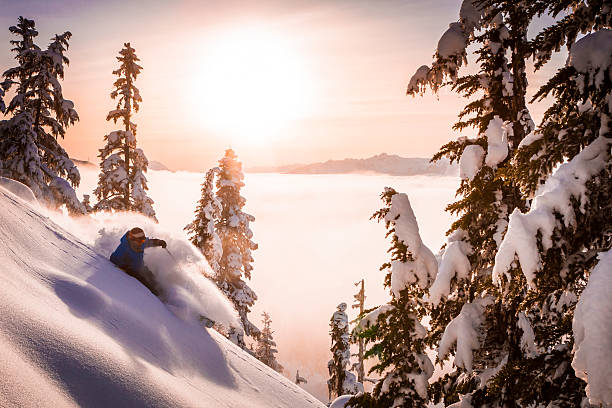 Skier carving fresh powder in sunset. Athletic male skier doing big fresh powder turns in sunset above the clouds. powder mountain stock pictures, royalty-free photos & images
