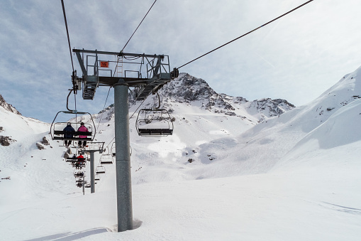 Skiing and snowboarding in the mountain  Les arcs - La Plagne, France.