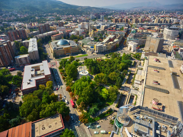 Skopje city from the air. The capitol city of Macedonia. stock photo