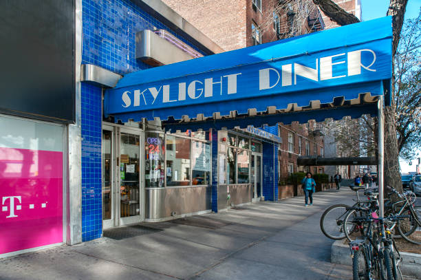 Skylight Diner, entrance to the popular eatery situated in West Side of Midtown Manhattan, New York City, NY, US stock photo