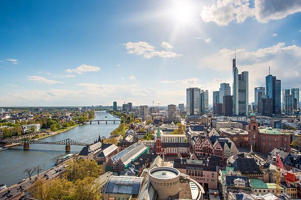 skyline at center business district in frankfurt, germany. - frankfurt stok fotoğraflar ve resimler