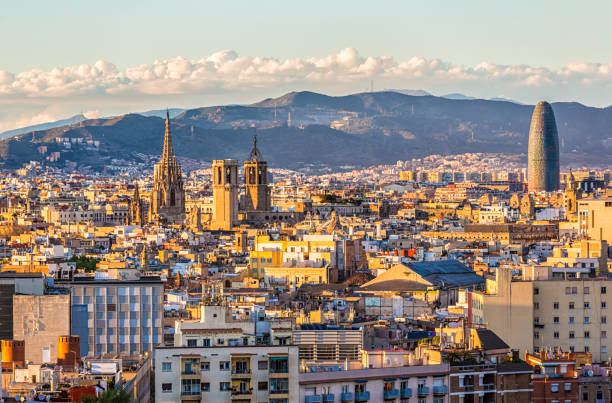 Skyline Barcelona at sunset  barcelona spain stock pictures, royalty-free photos & images