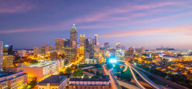 Skyline of Atlanta city at sunset in Georgia, USA stock photo