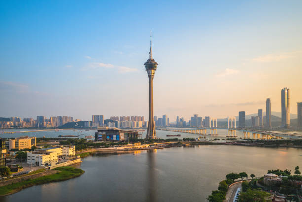 skyline of macau at dusk scenery of macau at west bay lake in china macao stock pictures, royalty-free photos & images