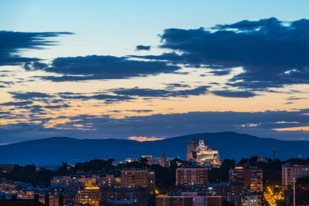 Skyline of Madrid at dusk stock photo