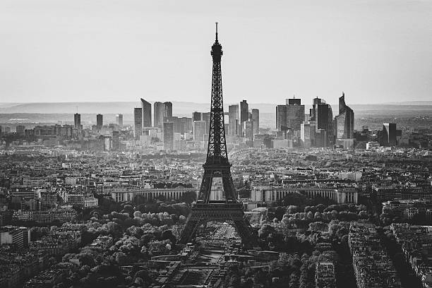 Skyline of Paris in black and white View in black and white over central Paris with the Eiffel tower in the center, and La Defense business district beyond. champ de mars photos stock pictures, royalty-free photos & images