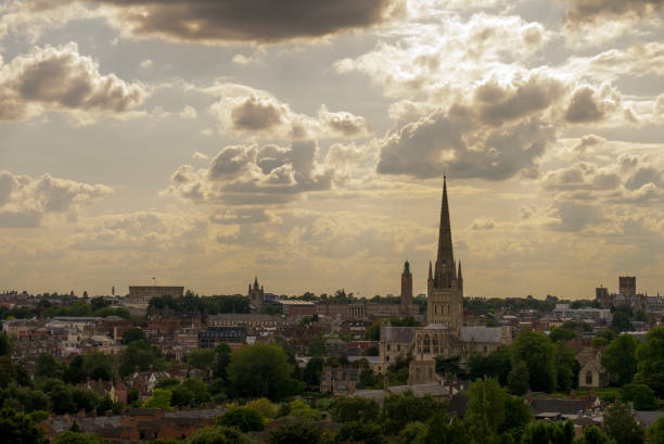 Skyline over Norwich, Norfolk, UK View from St James' Hill, Norwich. Looking over the city including the cathedral, castle and city hall. skeable stock pictures, royalty-free photos & images