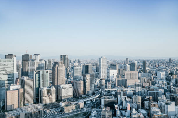 skyline view over osaka, japan - osaka imagens e fotografias de stock
