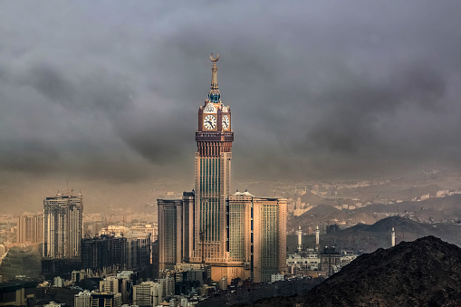 Skyline with Abraj Al Bait (Royal Clock Tower Makkah) in Mecca, Saudi Arabia.