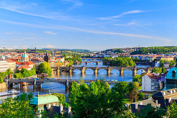 Skyline with Charles Bridge and Vltava river on sunny day. Prague, Czech Republic skyline with historic Charles Bridge and Vltava river on sunny day. charles bridge stock pictures, royalty-free photos & images