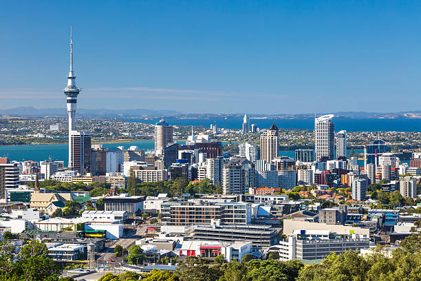 Skyview of all Auckland City with clear blue sky  stock photo
